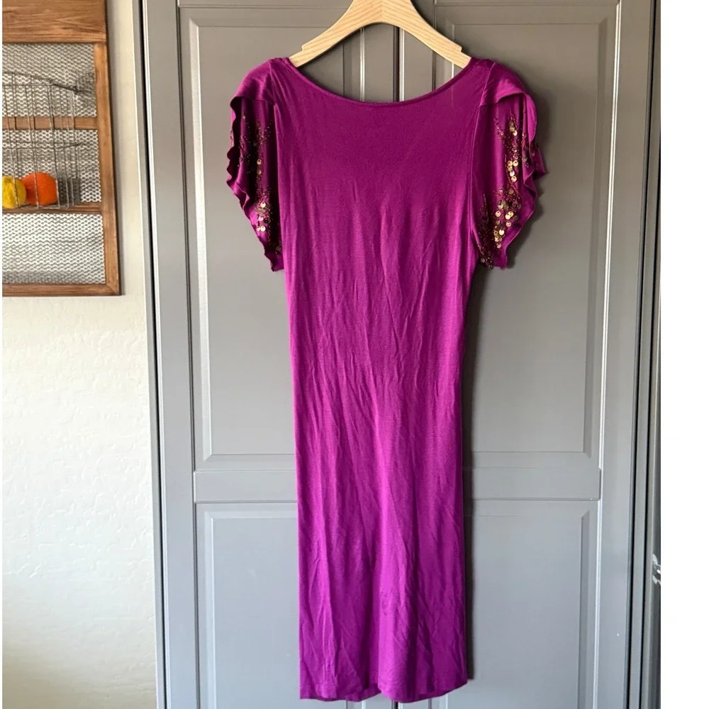 Free People Vintage Ruched Sequin Embellished‎ V-Neck Mini Dress, Purple Gold, M